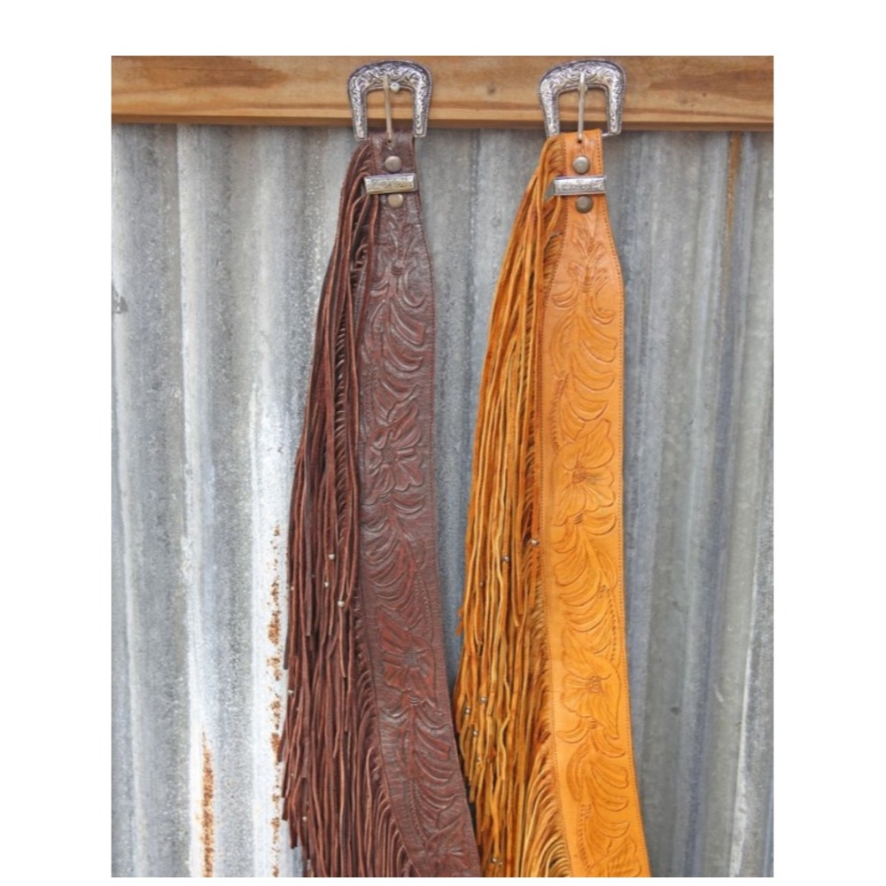Hand tooled leather fringe belt